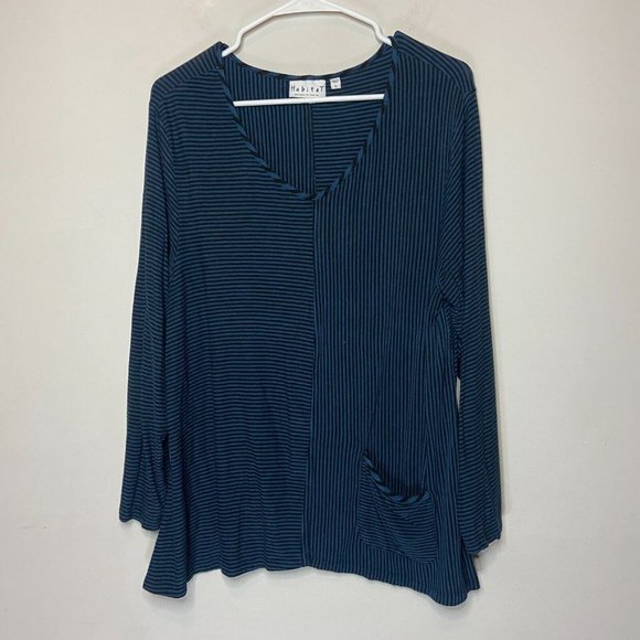 Habitat Women L Striped Top Blue Dolman Sleeve Stretch Shirt Casual Pullover - Picture 1 of 10